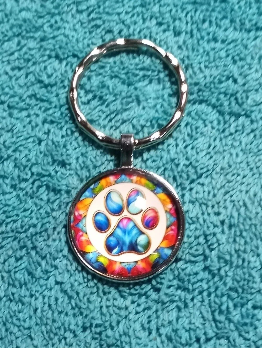 Colorful Paw Print Pet Keychain - Blue Accent